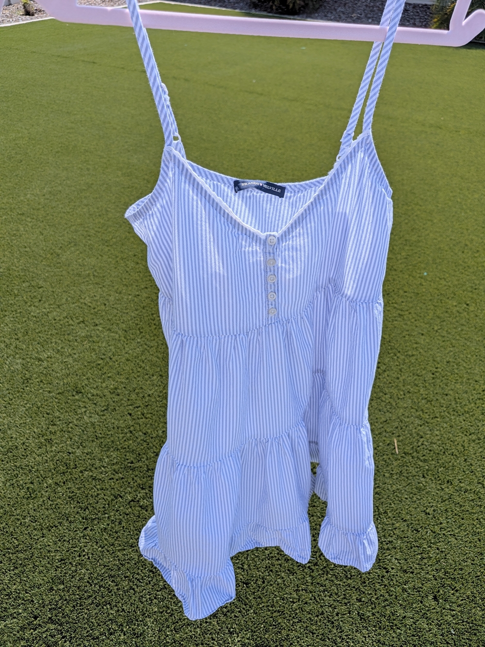 Brandy Melville Light Blue and White Striped Tiered Dress Small